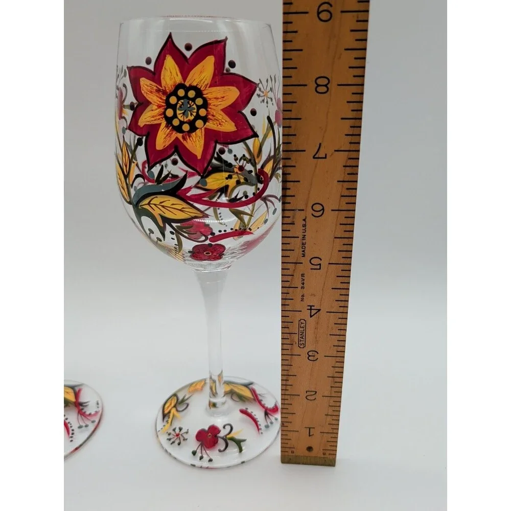 Pier 1 Carynthum Wine Glasses Hand Painted Fall Floral Set Of 2